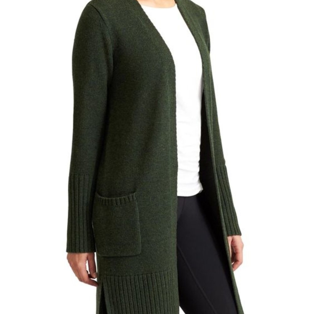 Athleta Passage Olive Green Merino Wool Open Long Sweater Coat Size XXS